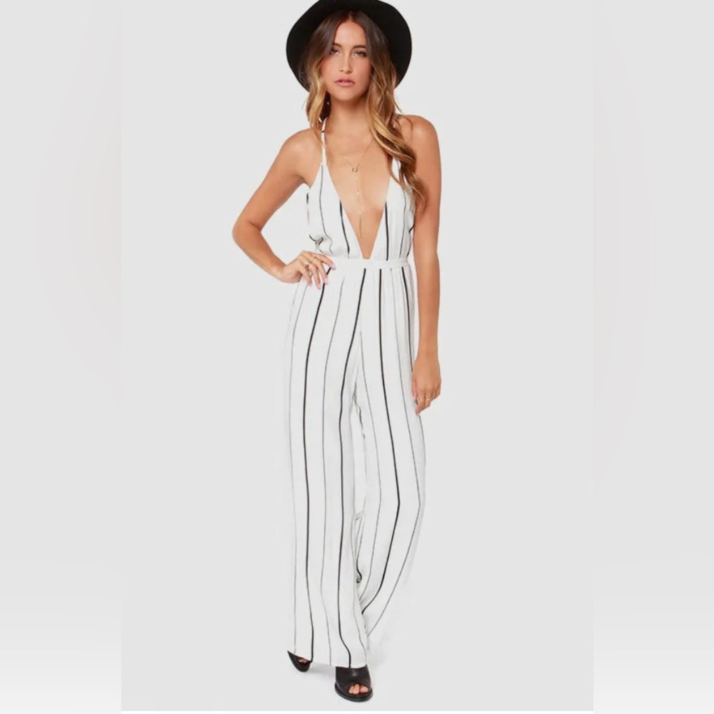 FAITHFULL THE BRAND Womens S Deep V Open Back Straps Elastic Stripes Jumpsuit